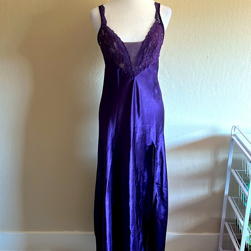 Vintage 90s Victoria’s Secret Purple Satin Gown With Lace Mesh Detail
